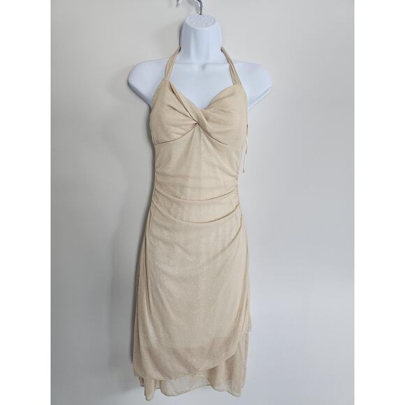 Vintage Y2K Ruby Rox Dress Womens Small Halter Glitter Sheer Fairy Babydoll Gold - Picture 1 of 9
